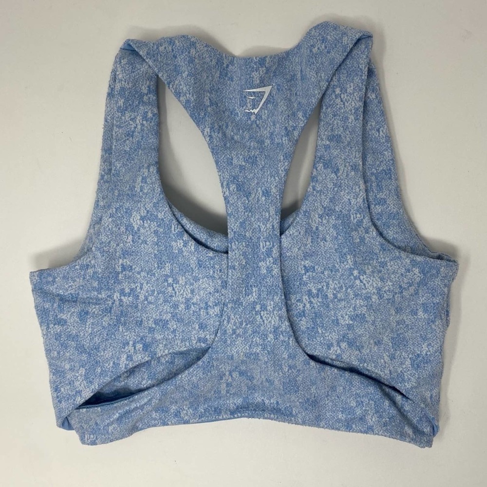 Gymshark Sports Bra XS Blue & White Fleur Texture Overlapping Racerback Detail - Picture 2 of 6